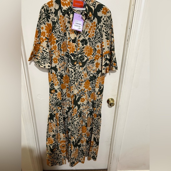 NWT LA DoubleJ Artemis Dress in Forest Orange, green, tan, sleeve maxi - Picture 2 of 6